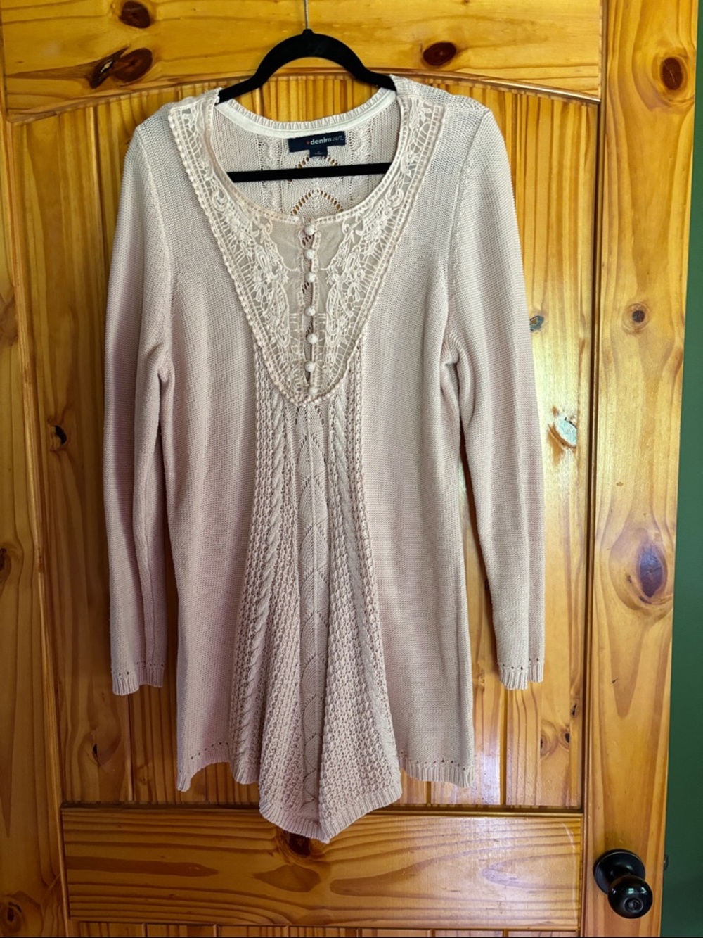 Denim 24/7 Blush Pink Crochet-Front Knit Tunic Cardigan